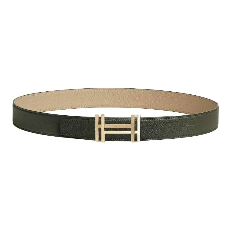 HERMES Brass Leather Belts Men's Beige Width: 3.2CM-1