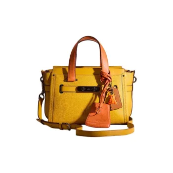 COACH Swagger Leather Crossbody Bag Large Size Women's Deep Bronze With Linen Fabric