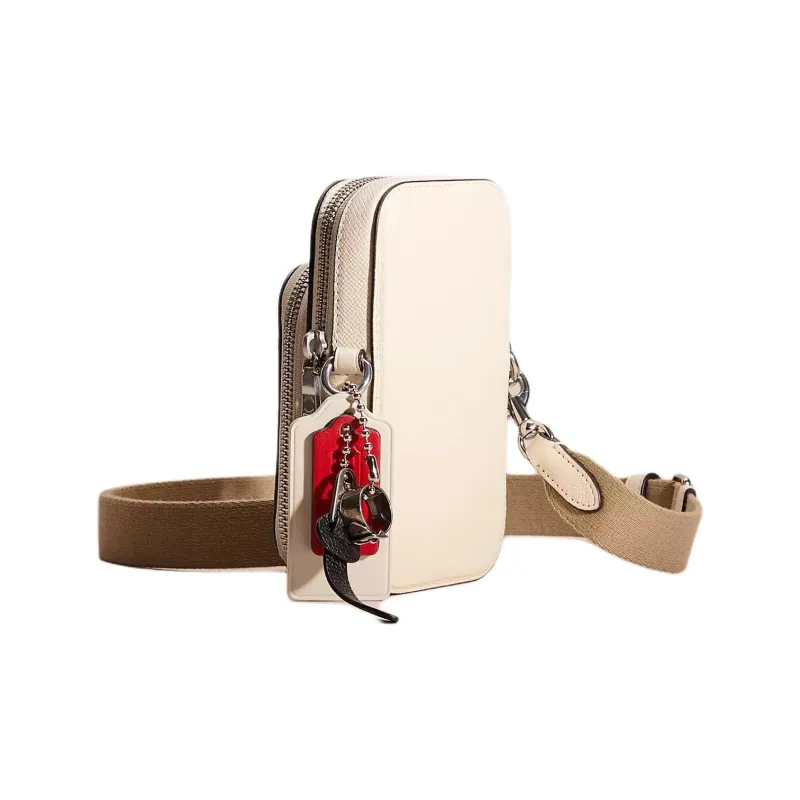 COACH Cross-Stitch Leather With Signature Coated Canvas One Shoulder Crossbody Cell Phone Pouch Women's Chalk-1