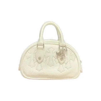 Chrome Hearts Leather Bowling Bag Portable Crossbody Bag Shoulder Bag Mini Women's White