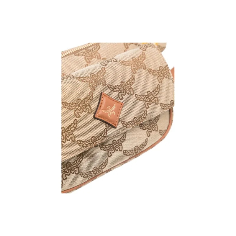 MCM Floral Pattern With Leather Trim One Shoulder Crossbody Fanny Pack Small Size Men's Beige-4