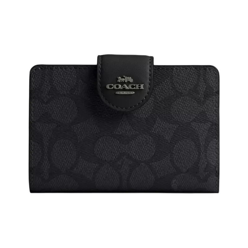 COACH SignatureCanvas High Quality Leather Wallet Medium Size Women's Charcoal & Black-0