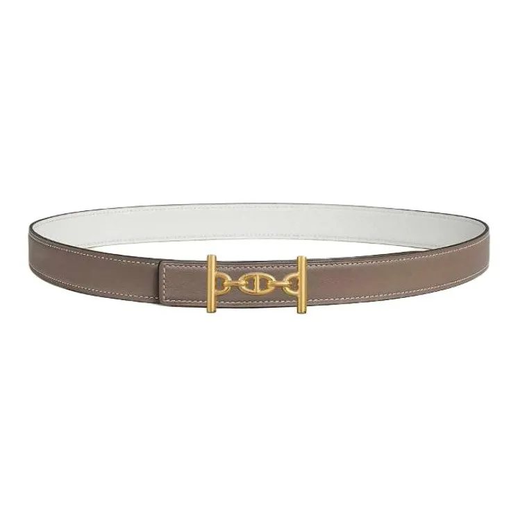 HERMES Calfskin Leather Belts Unisex Taupe/White Width: 2.4cm-0