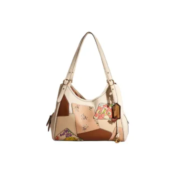 COACH Lori Pebbled Leather Shoulder Bag Large Size Women's Brass & Chalk