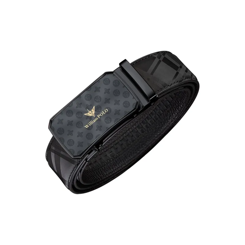 WilliamPOLO Cow Split Leather Cow Leather Leather Belts Men's Gunmetal Buckle Gold Logo Width  3.5cm-2