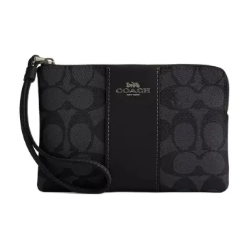 COACH Corner Zip Coated Canvas Clutch Small Size Women's Charcoal Gray