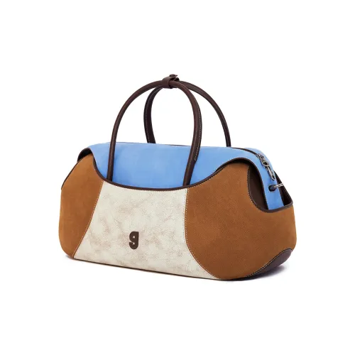 KUNOGIGI Top Grain Cow Leather Baseball Boston Bag Shoulder Bag Crossbody Bag Large Size Women's Blue & Brown