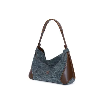 KUNOGIGI Cow Leather With Fabric Baseball HOBO Bag Small Size Shoulder Bag, Crossbody Bag Regular Women's Vintage Denim