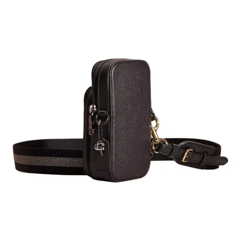 COACH Cross Grain Leather With Coated Canvas Cell Phone Pouch, Shoulder Bag, Crossbody Bag Mini Unisex Black-1