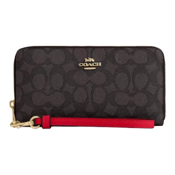 COACH Zip Around Coated Canvas Wallet Small Size Women's Brown & Red