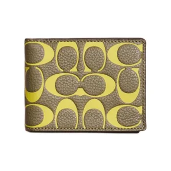 COACH Billfold Wallet Leather Wallet Mini Unisex Army Green With Lime Accents