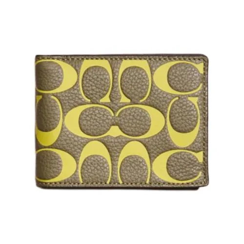 COACH Billfold Wallet Leather Wallet Mini Unisex Army Green With Lime Accents