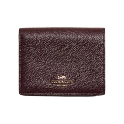 COACH Polished Pebbled Leather Wallet Small Size Unisex Gold & Ox Red