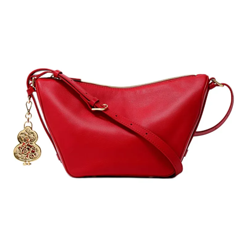 FION Top Grain Cow Leather Metal Parts Crossbody Bag, Shoulder Bag Medium Size Women's Red-3