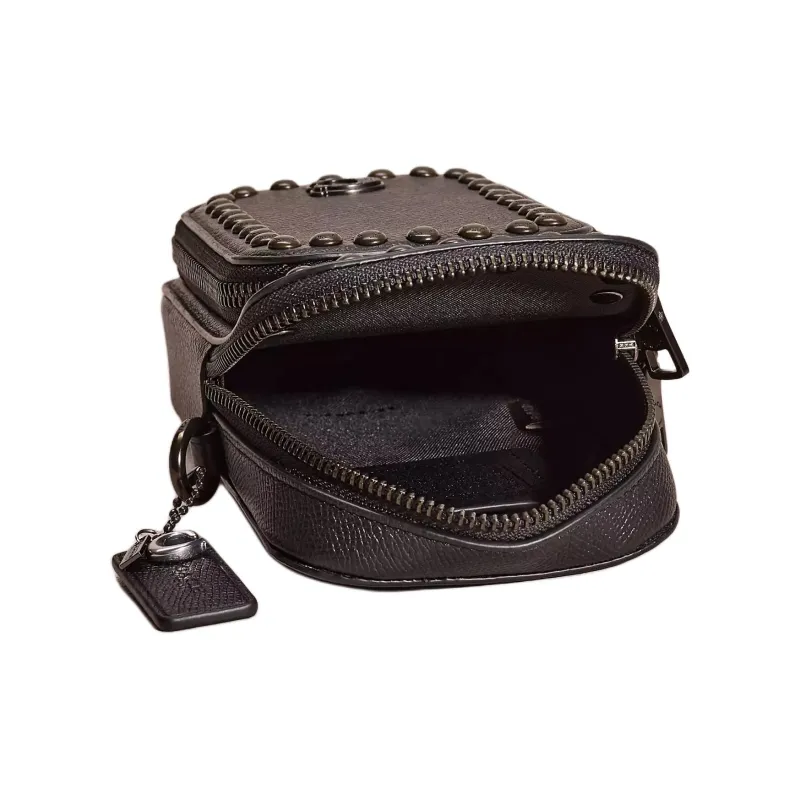 COACH Cross Grain Leather With Coated Canvas Cell Phone Pouch, Shoulder Bag, Crossbody Bag Mini Unisex Black-2