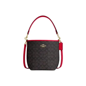 COACH City Coated Canvas Bucket Bag Portable Crossbody Bag Shoulder Bag Small Size Women's Black & Red