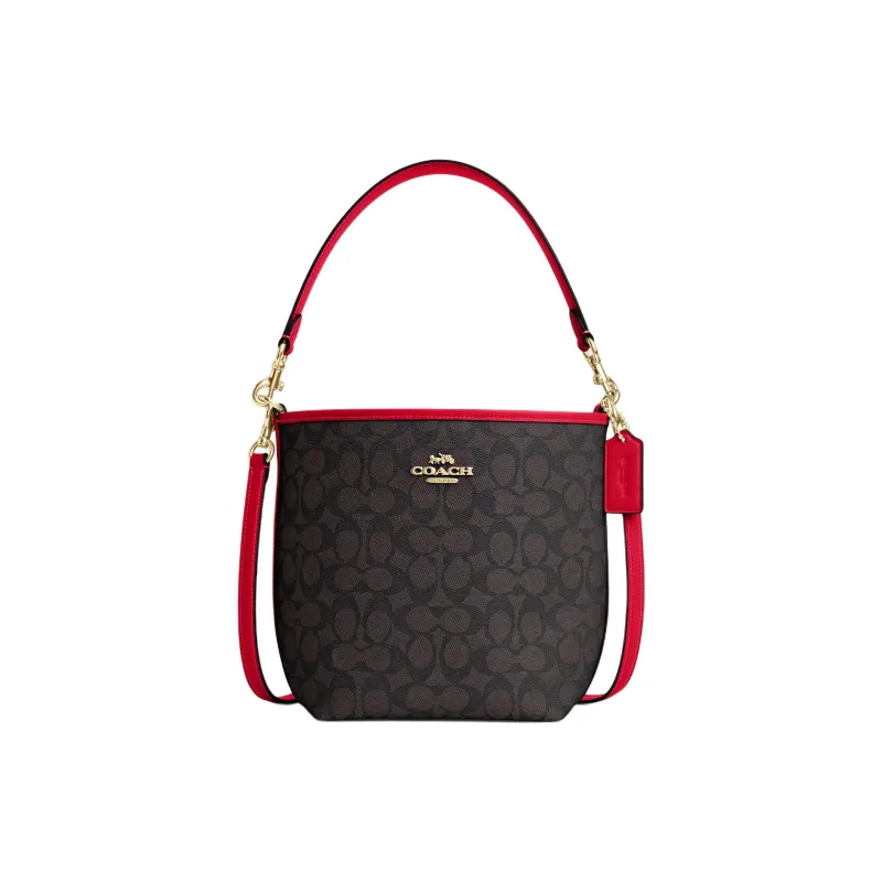 COACH City Coated Canvas Bucket Bag Portable Crossbody Bag Shoulder Bag Small Size Women's Black & Red-0