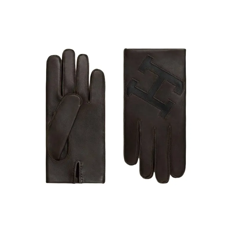 HERMES Silk Leather Gloves Men's Brown-0