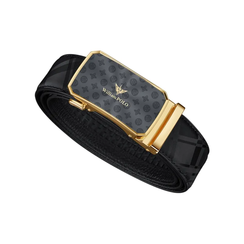 WilliamPOLO Cow Leather Leather Belts Men's Gold Buckle Gold Logo Width  3.5cm-1
