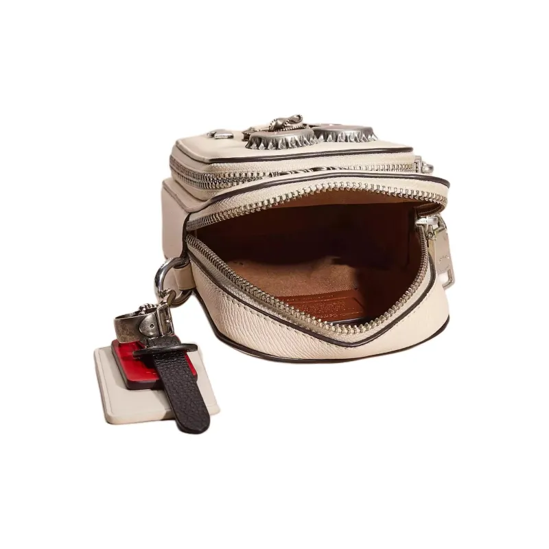 COACH Cross-Stitch Leather With Signature Coated Canvas One Shoulder Crossbody Cell Phone Pouch Women's Chalk-2