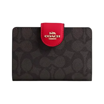 COACH SignatureCanvas High-quality Leather Wallet Medium Size Women's Walnut Wood With Red Accents
