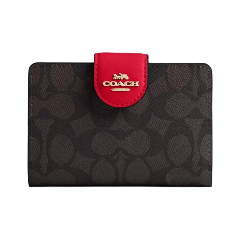 COACH SignatureCanvas High Quality Leather Wallet Medium Size Women's Walnut Wood & Red-0