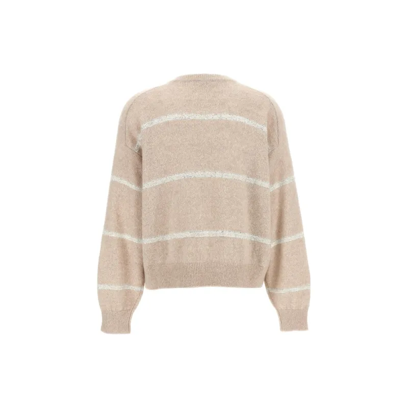 Brunello Cucinelli V Neck Striped Knitted Jumper-1