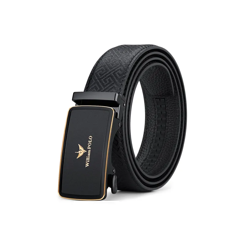 WilliamPOLO Cow Leather Leather Belts Men's Gunmetal Buckle Gold Logo 3.5cm Width-0