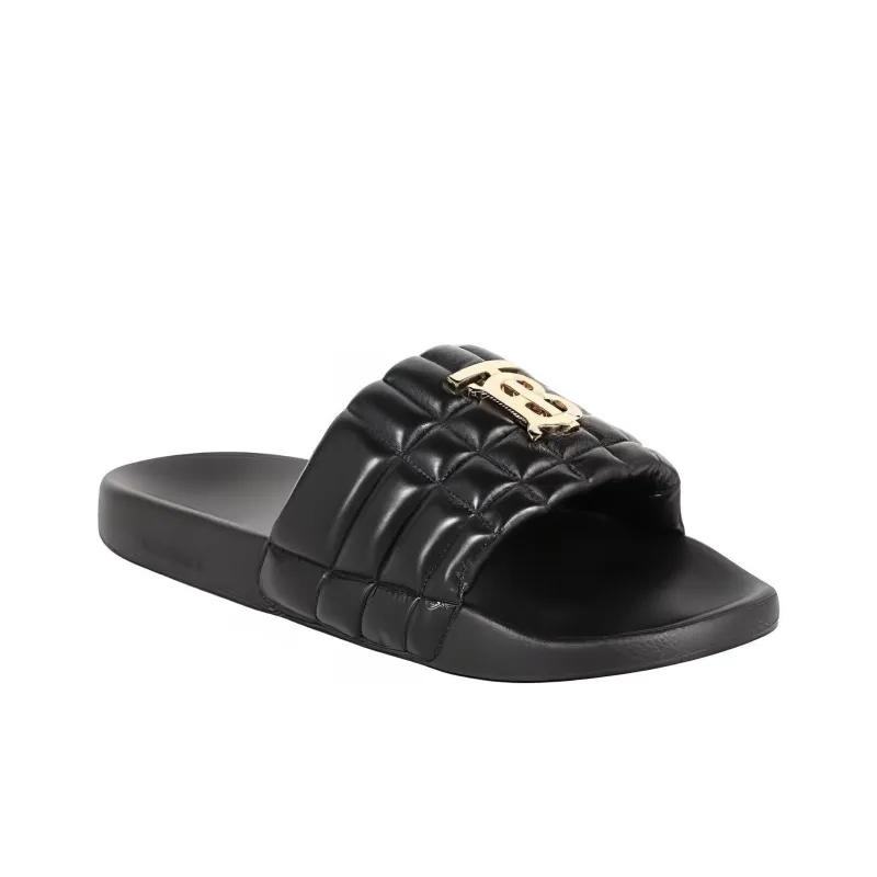 Burberry Monogram Motif Quilted Lambskin Slides Black Gold-tone-1
