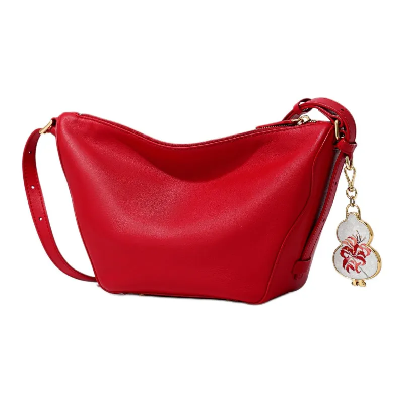 FION Top Grain Cow Leather Metal Parts Crossbody Bag, Shoulder Bag Medium Size Women's Red-1