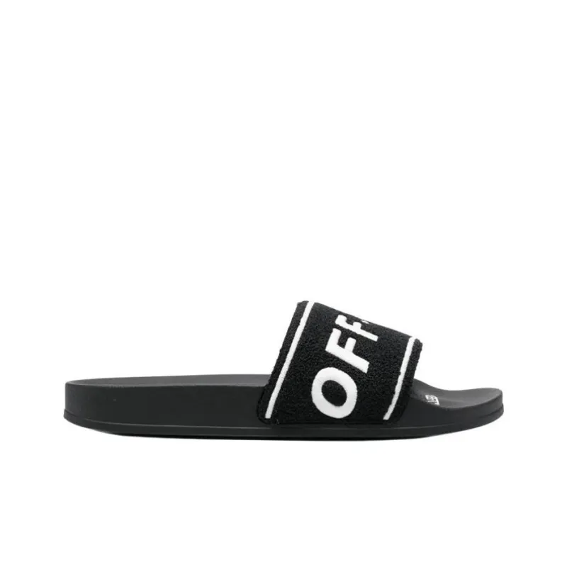 OFF-WHITE Logo-Embroidered Terry Slide Black White-1
