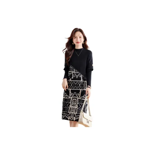 Still quiet Long-Sleeved Dresses Women's Black/Multicolor