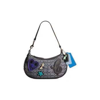 COACH Pouchette Leather Shoulder Bag Medium Size Women's Black
