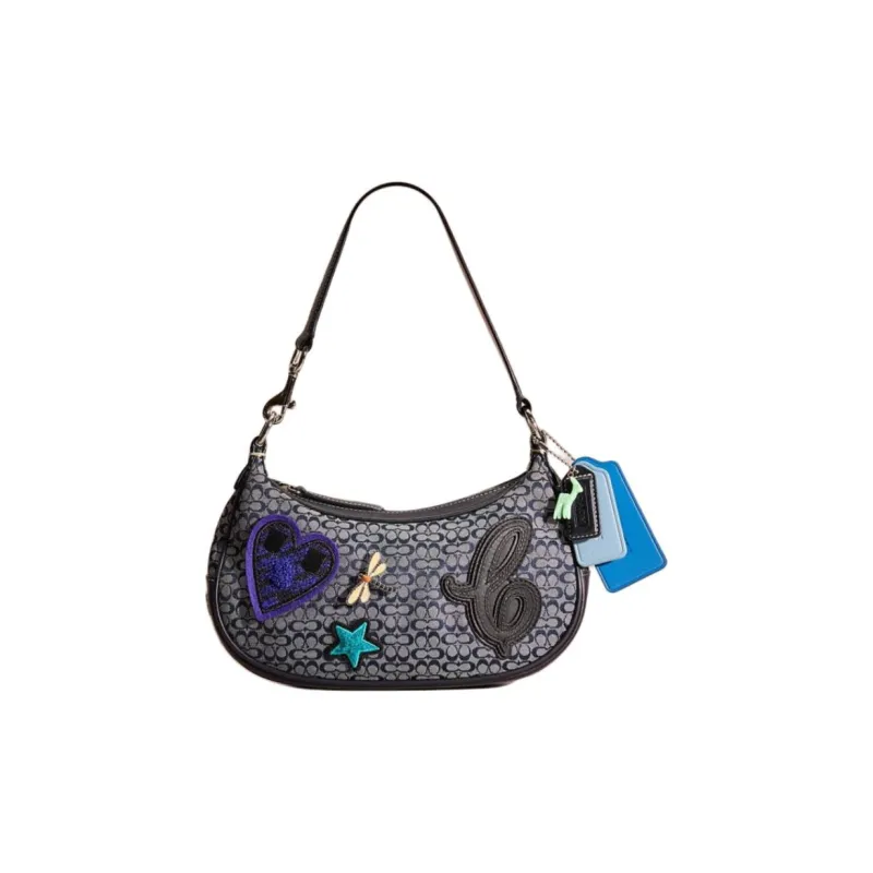 COACH Pouchette Leather Shoulder Bag Medium Size Women's Black-0