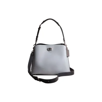 COACH Willow Polished Pebbled Leather Shoulder Bag, Crossbody Bag Large Size Women's Silver & Gray Blue Multicolor