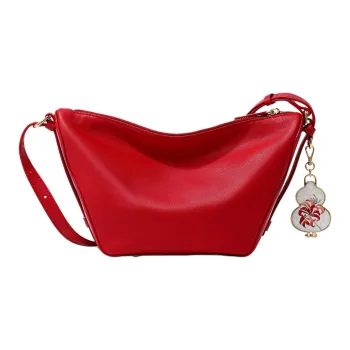 FION Top Grain Cow Leather Metal Parts Crossbody Bag Shoulder Bag Medium Size Women's Red