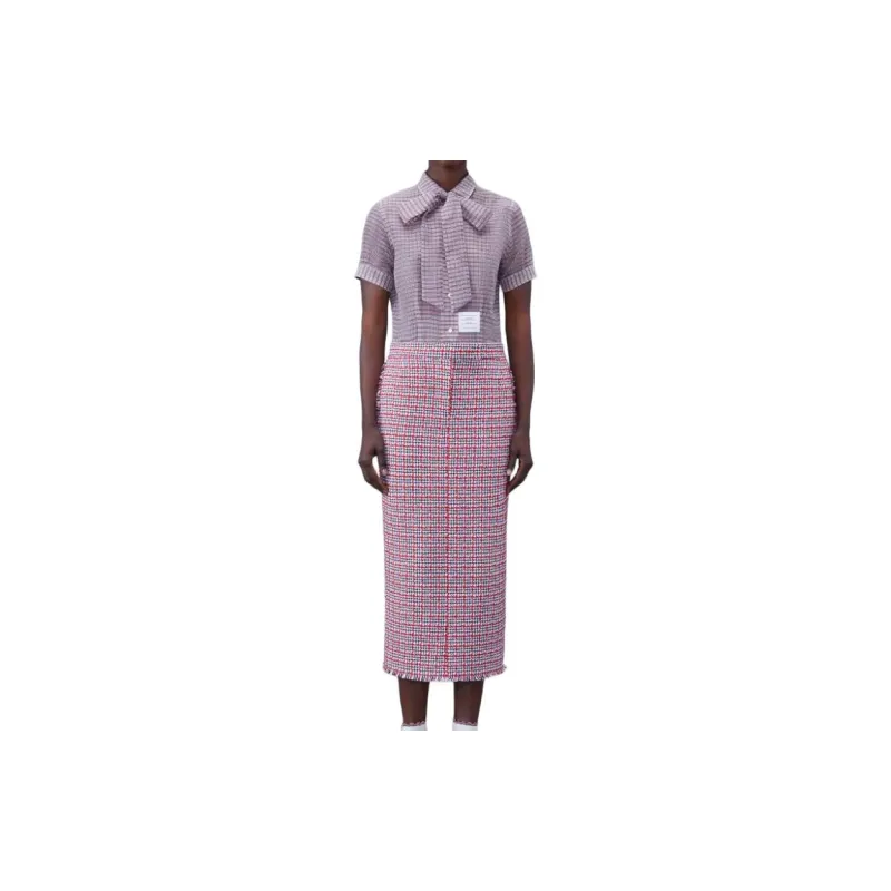 THOM BROWNE Bow Collar Checked Blouse-1