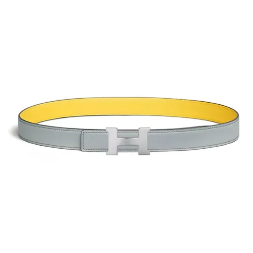 HERMES Calfskin Palladium-Plated Leather Belts Women's Gray/Yellow Width 2.4CM