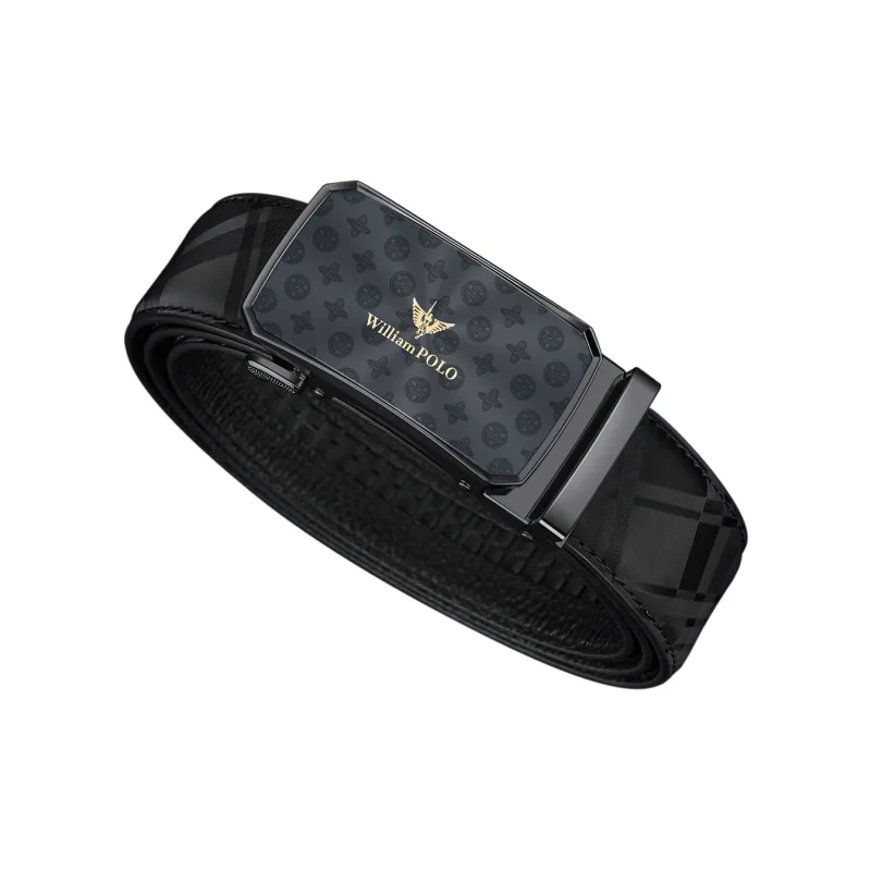 WilliamPOLO Cow Split Leather Cow Leather Leather Belts Men's Gunmetal Buckle Gold Logo Width  3.5cm-1