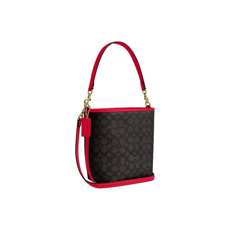 COACH City Coated Canvas Bucket Bag Portable Crossbody Bag Shoulder Bag Small Size Women's Black & Red-1