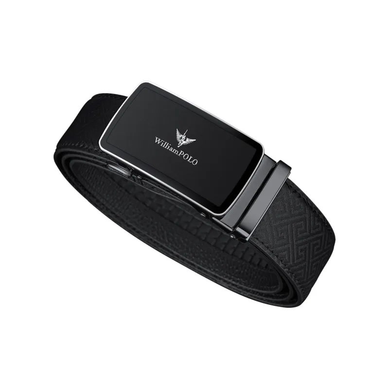 WilliamPOLO Cow Leather Leather Belts Men's Gunmetal Buckle Silver Logo Width 3.5CM-1