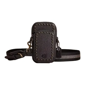 COACH Cross Grain Leather With Coated Canvas Cell Phone Pouch, Shoulder Bag, Crossbody Bag Mini Unisex Black