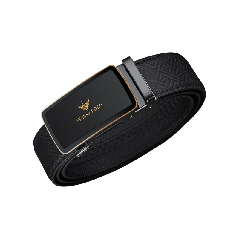 WilliamPOLO Cow Leather Leather Belts Men's Gunmetal Buckle Gold Logo 3.5cm Width-2