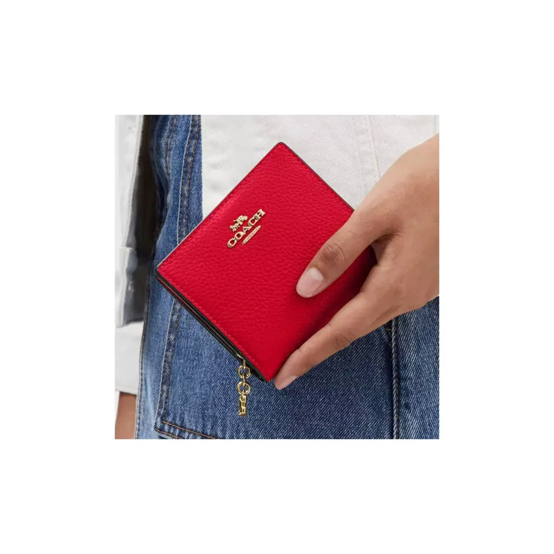 COACH Snap Wallet Pebbled Leather Wallet Mini Women's Red-2