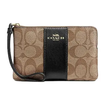COACH Corner Zip Coated Canvas With Recycled Leather Clutch Mini Women's Khaki & Black