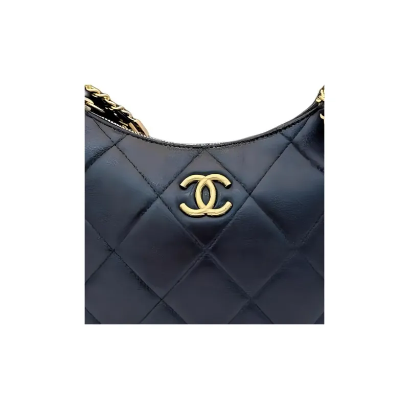 CHANEL Black Gold Smooth Cow Leather Hobo Bag, Hippie Bag, Handbag, Shoulder Bag Women's Black-3