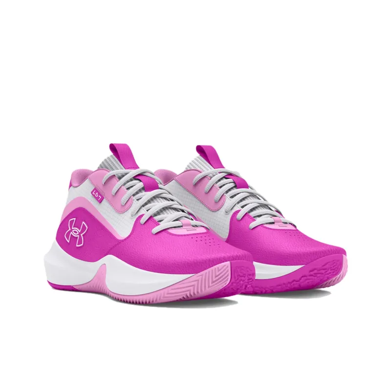 Under Armour Lockdown 7 Anti Slip Wear Resistant Mid Top Basketball Shoes Unisex White Pink-2