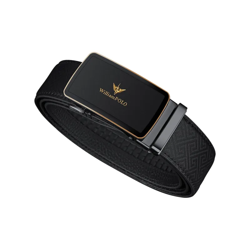 WilliamPOLO Cow Leather Leather Belts Men's Gunmetal Buckle Gold Logo 3.5cm Width-1