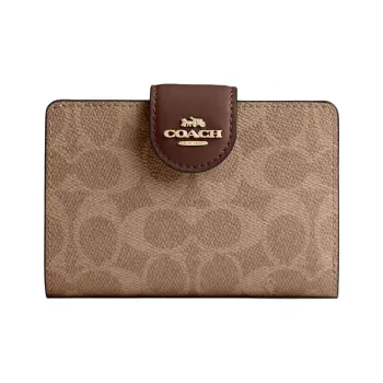 COACH SignatureCanvas High-quality Leather Wallet Medium Size Women's Tan And Brown