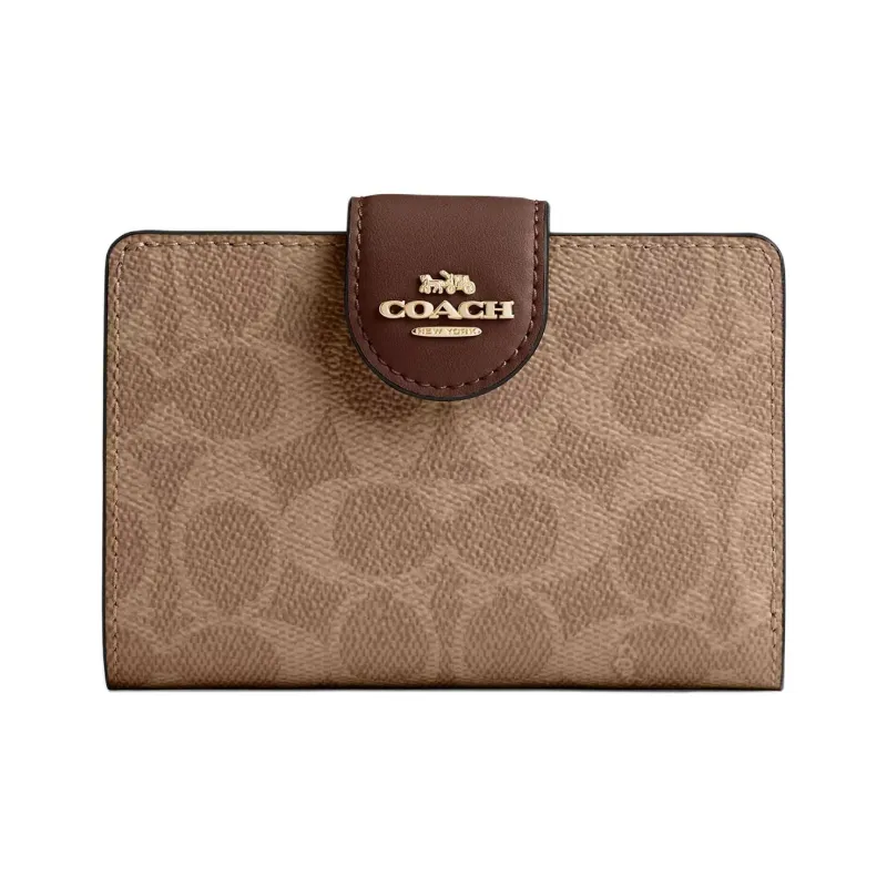 COACH SignatureCanvas High Quality Leather Wallet Medium Size Women's Tan & Brown-0